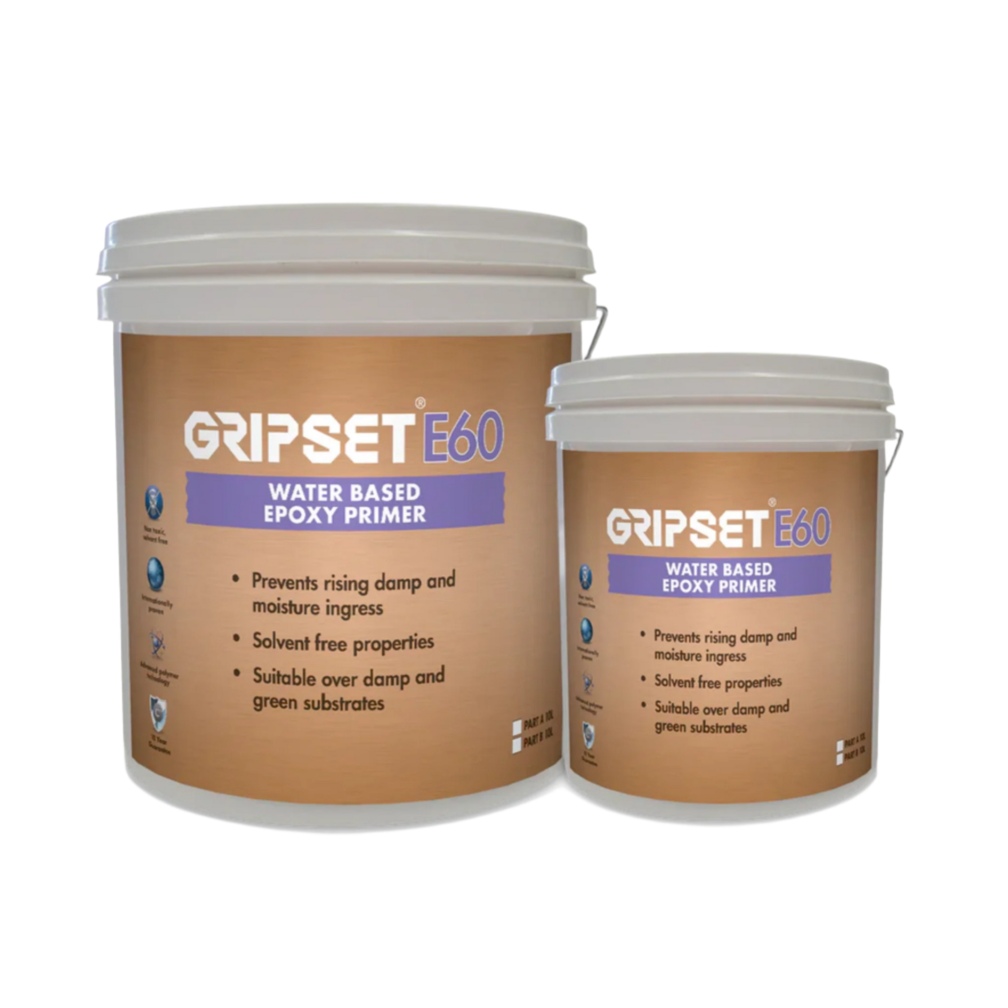 Two Gripset E60 pails: water-based epoxy primer seals damp/green concrete, moisture vapour barrier for waterproofing membr...