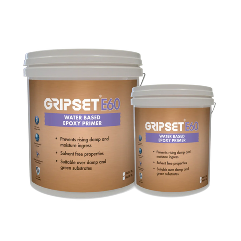 Two Gripset E60 pails: water-based epoxy primer seals damp/green concrete, moisture vapour barrier for waterproofing membr...