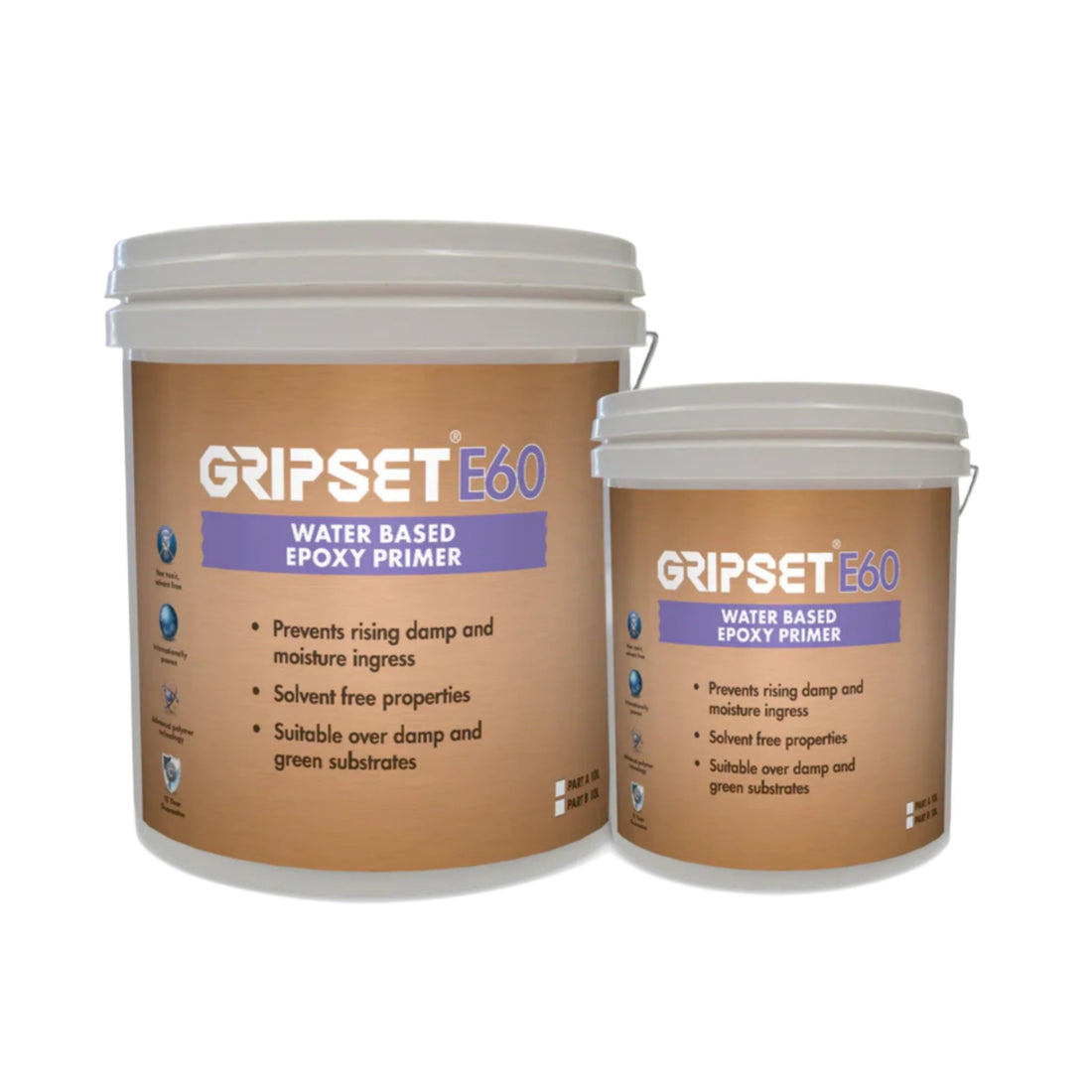 Two Gripset E60 pails: water-based epoxy primer seals damp/green concrete, moisture vapour barrier for waterproofing membr...
