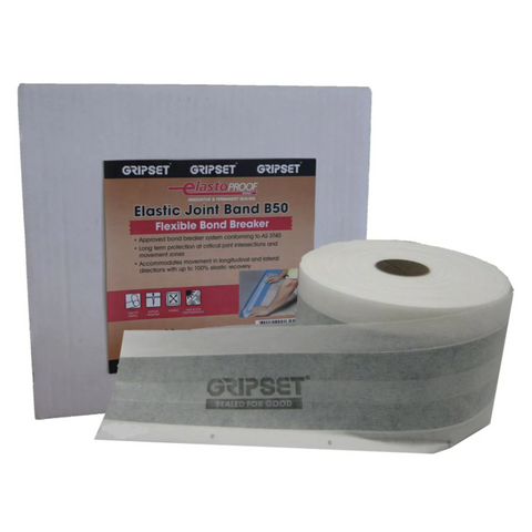 Gripset Elastoproof B50 joint band roll & box: fleece-edged rubber core embeds in wet waterproofing membrane for movement ...