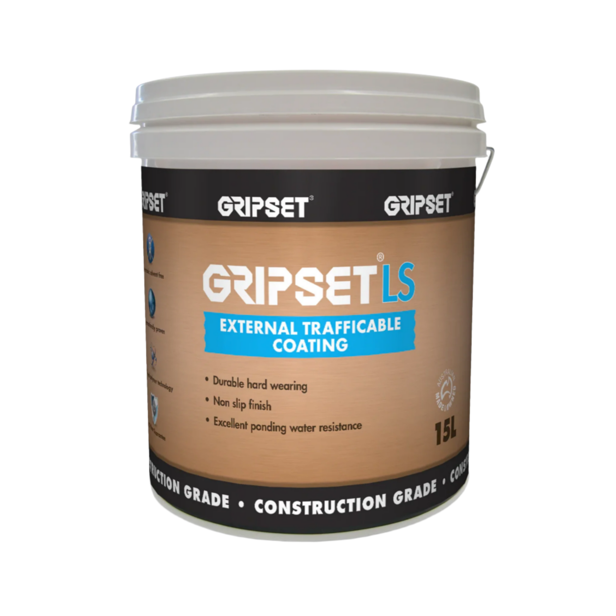 15L Gripset LS pail: solvent-free non-slip trafficable coating over waterproofing membranes for UV-stable roofs, balconies.