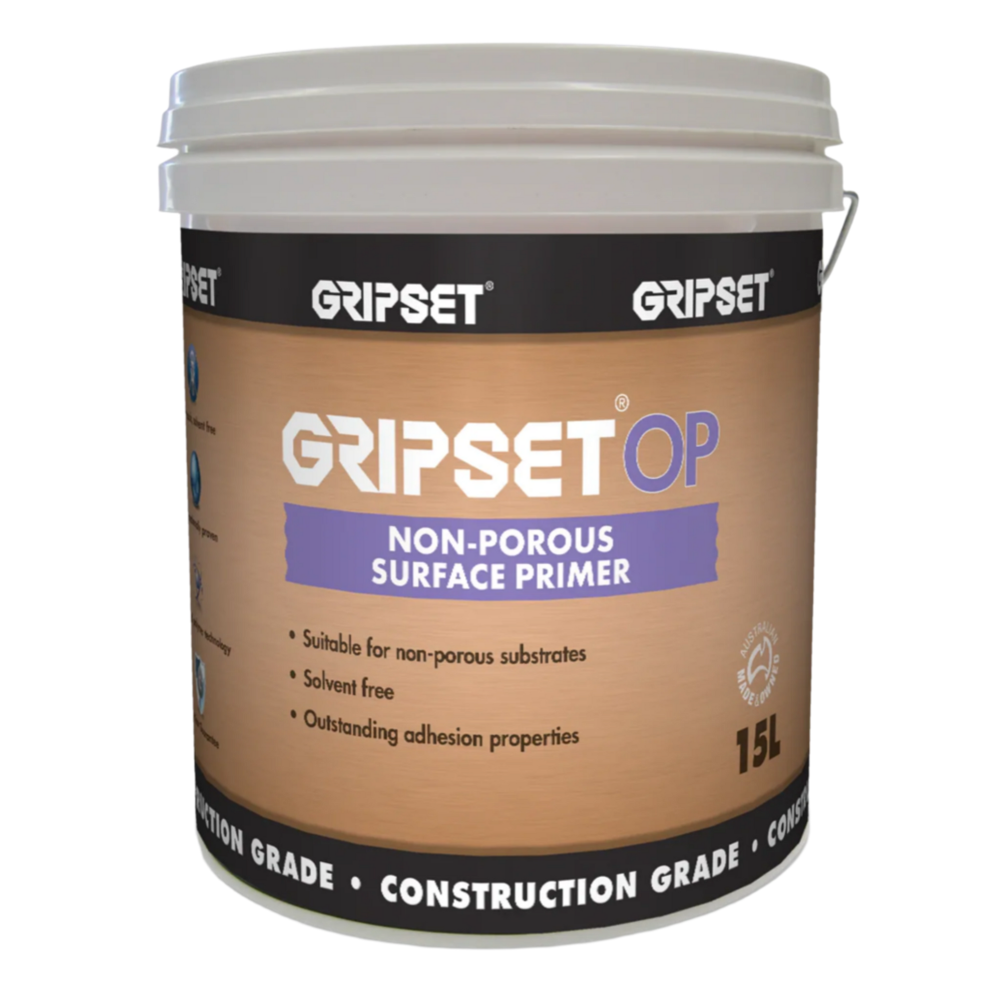 15L Gripset OP solvent-free primer pail primes non-porous substrates for secure bond with waterproofing membranes, tile ad...