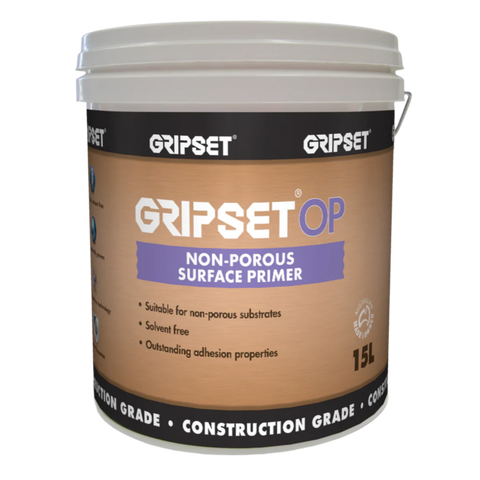 15L Gripset OP solvent-free primer pail primes non-porous substrates for secure bond with waterproofing membranes, tile ad...