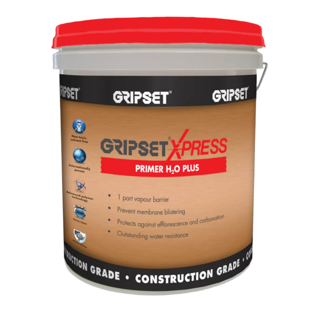 Gripset Xpress Primer H2O Plus red-lid pail: water-based primer seals damp surfaces, prevents waterproofing membrane blist...