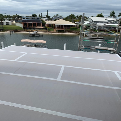 Gripset XpressLay self-adhesive PVC waterproofing membrane on balcony deck, reinforced sheets with overlaps for anti-fract...