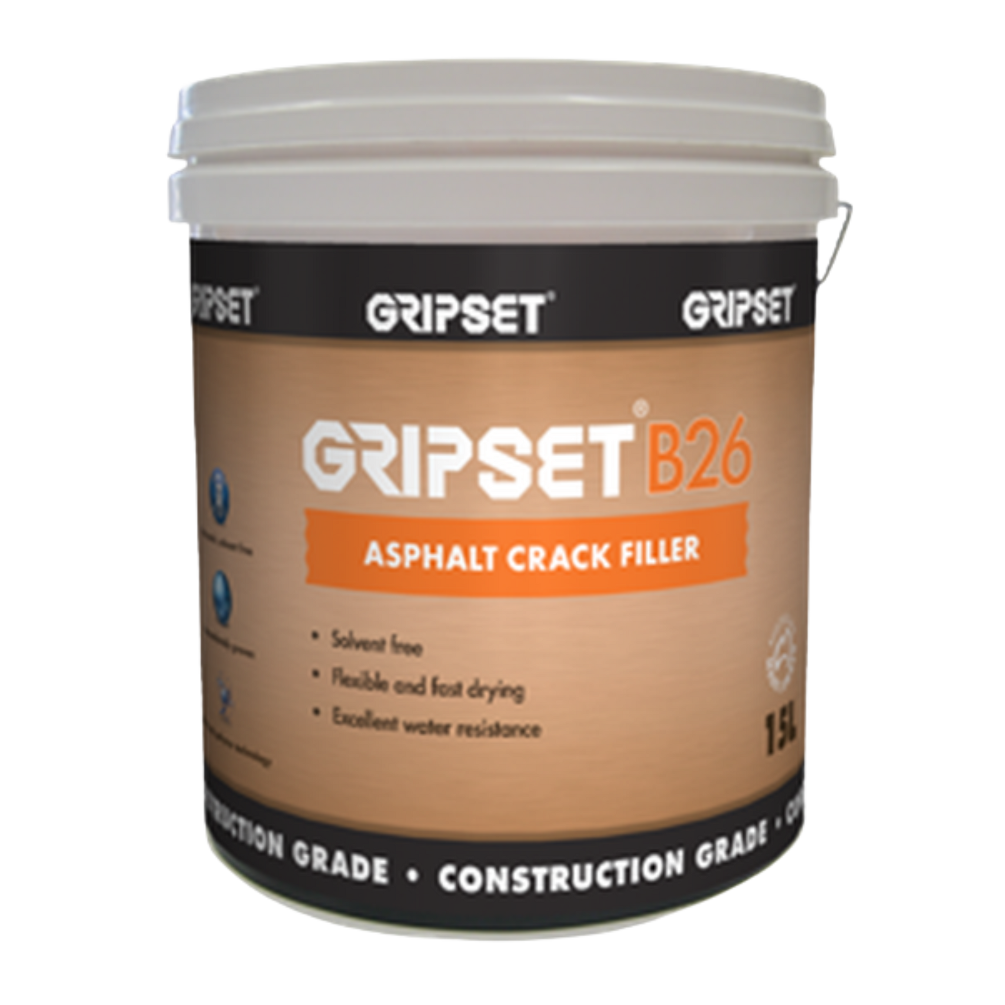 GripSet B26 15L Asphalt Crack Filler bucket - solvent-free, fast-drying, flexible, water resistant for driveways & constru...