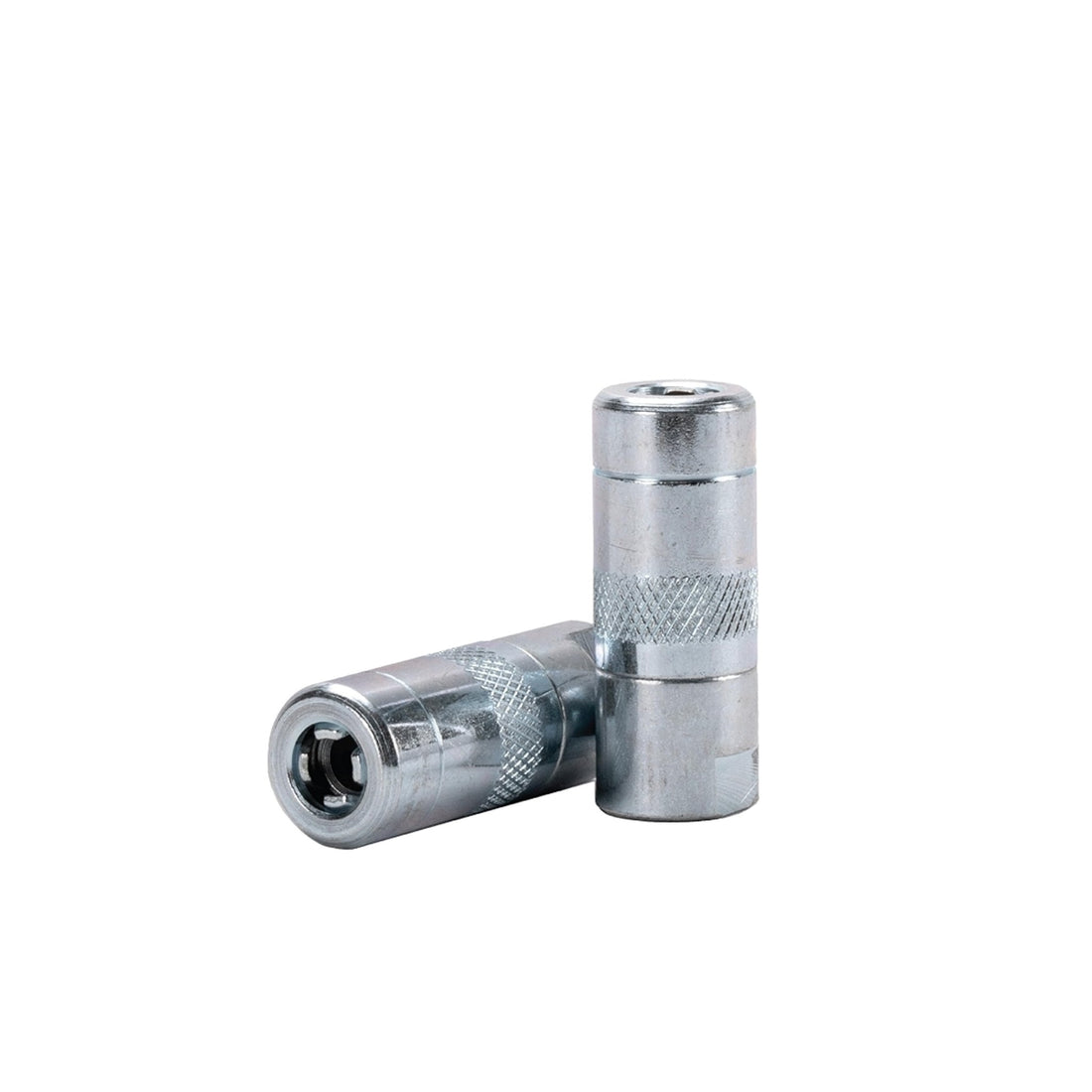 Pair of silver zinc-plated straight grease zerk fittings with knurled grip for easy install