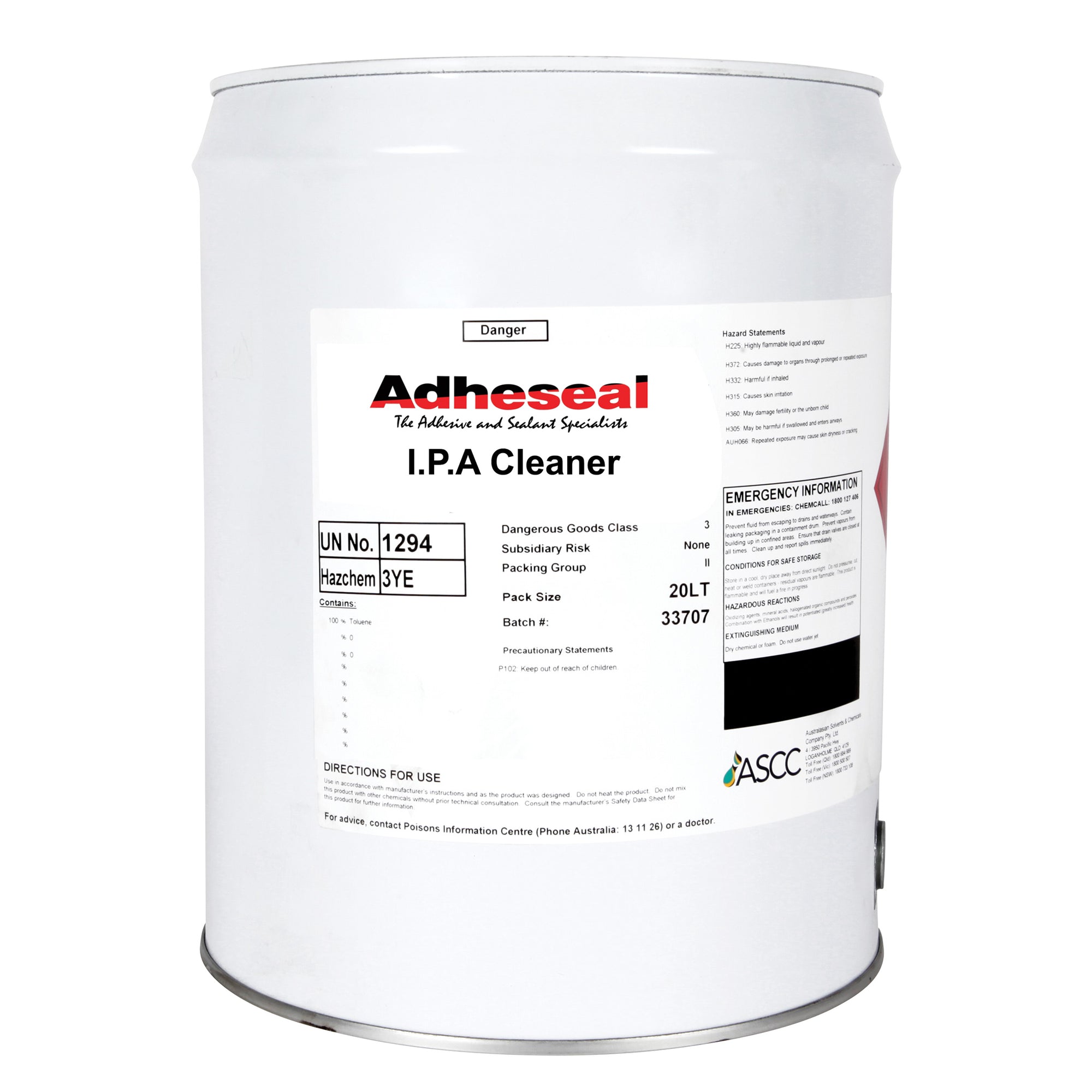 Adheseal 20L IPA Cleaner drum: pure isopropyl alcohol wipes contaminants for secure polyurethane sealant bonds and waterpr...