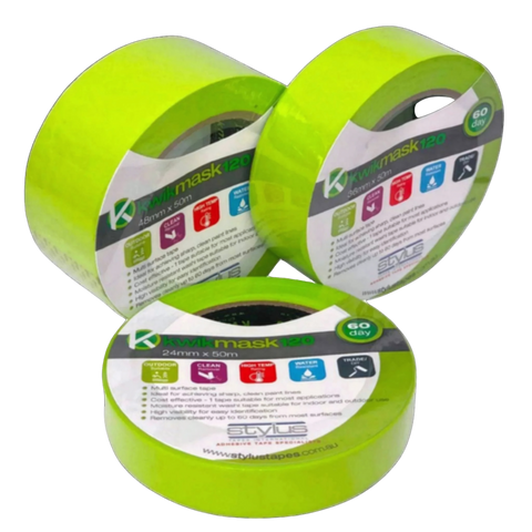 Three rolls of KwikMask120 green high-temp masking tape for sharp paint lines, minimal bleed, clean removal up to 60 days.