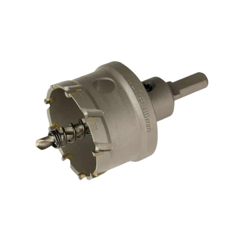 Lauxes TCT hole saw (50mm) w/ arbor & pilot drill for clean aluminium cuts in pop waste outlets, shower grates, wet areas.