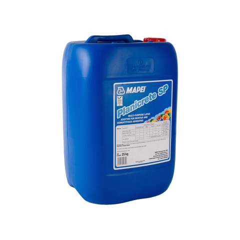 Mapei Planicrete SP 25kg container. Latex additive for mortar, screeds, and tile adhesives ensuring high bond strength.