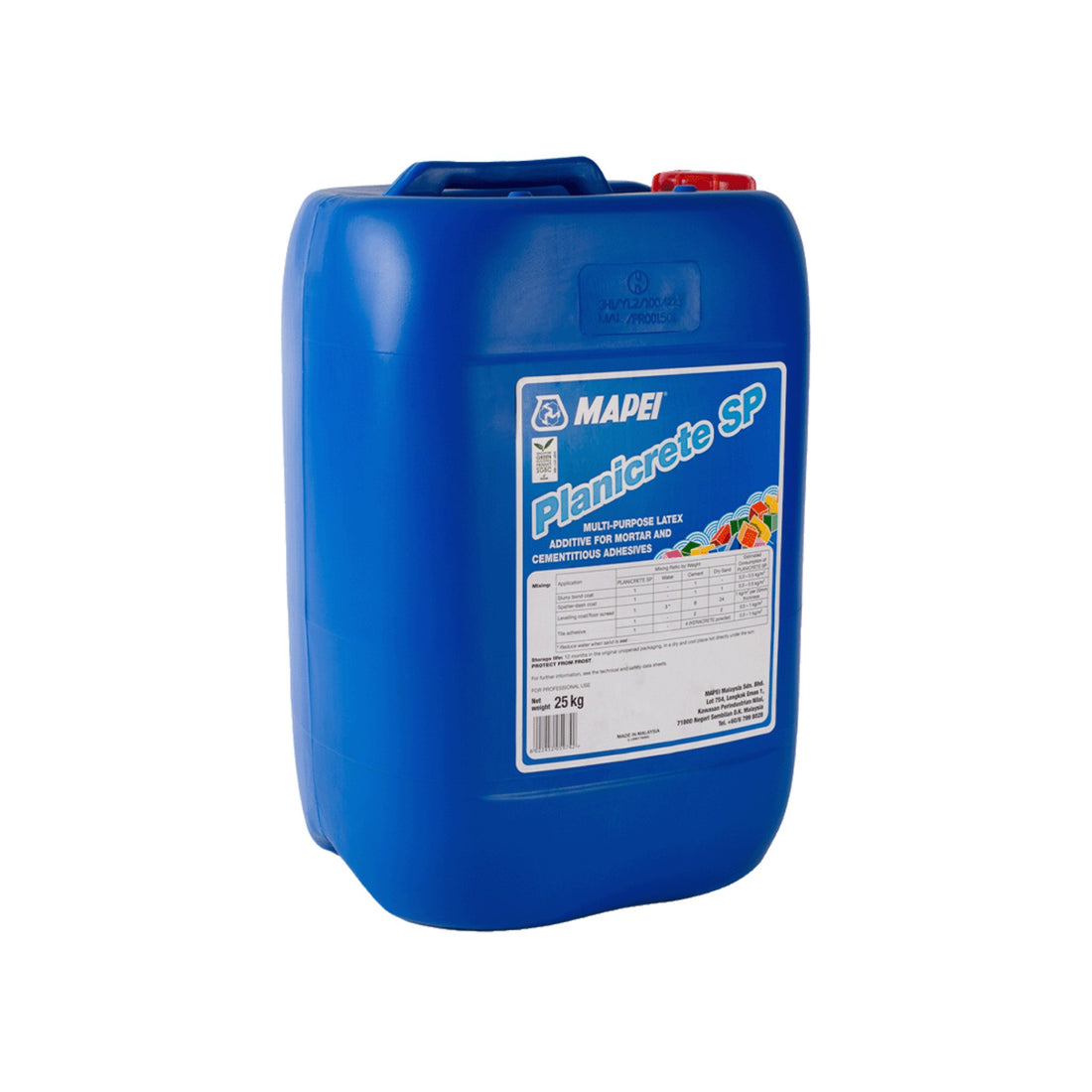 Mapei Planicrete SP 25kg container. Latex additive for mortar, screeds, and tile adhesives ensuring high bond strength.