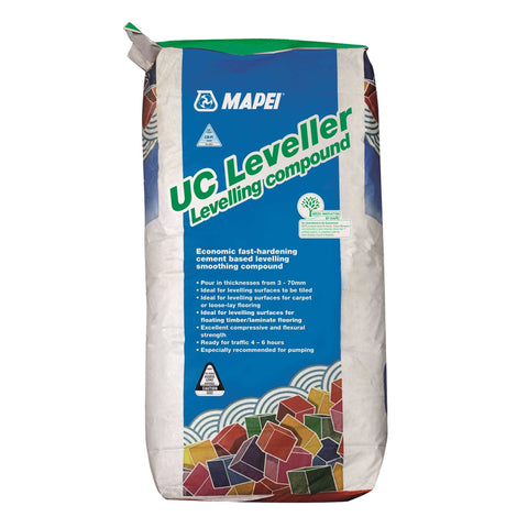 Mapei UC Leveller bag, fast-hardening self-levelling compound for smoothing interior floors before tiles, carpet or timber.