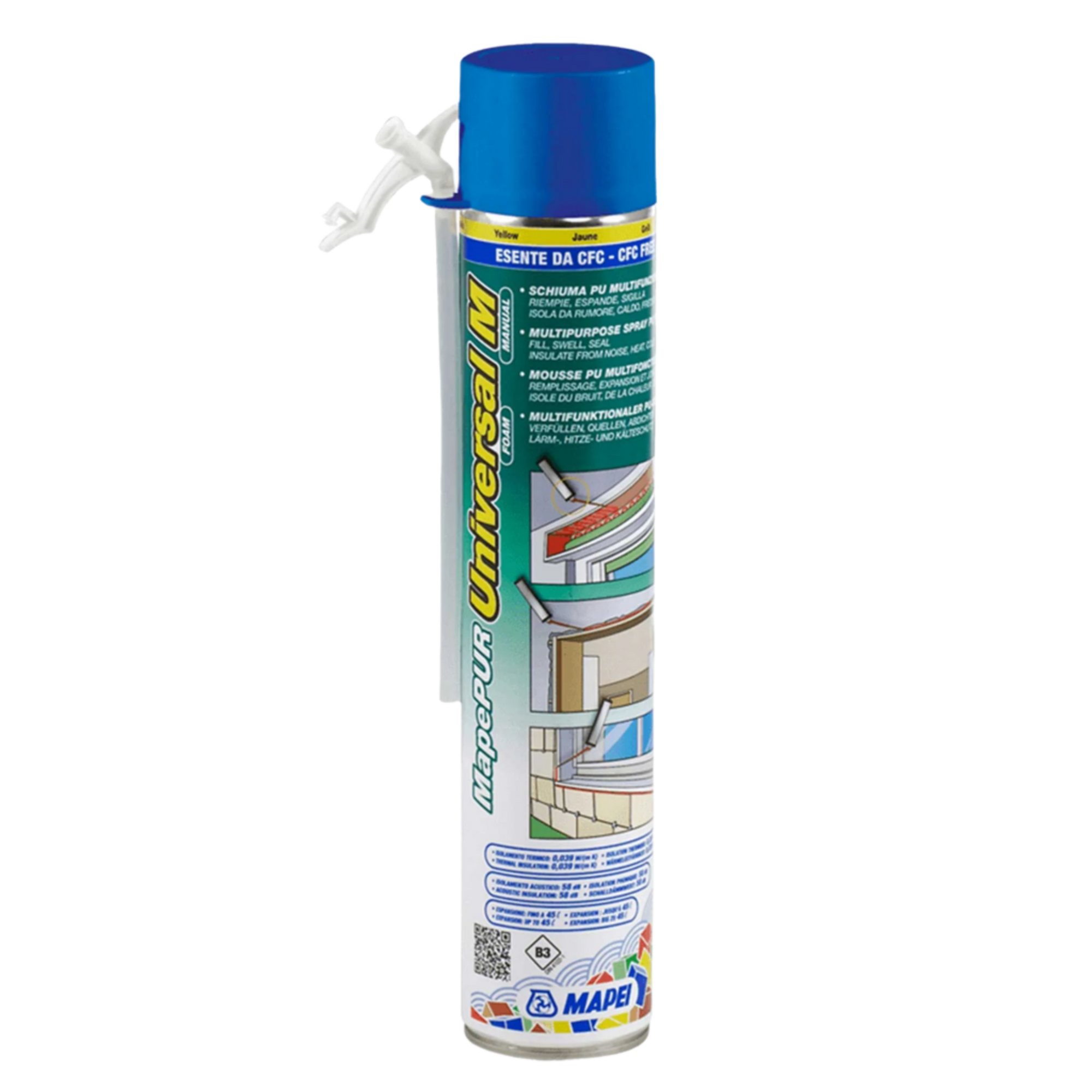 MapePUR Universal Foam M/G blue aerosol can with nozzle; expanding PU foam fills gaps, seals joints, insulates thermally/a...