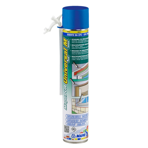 MapePUR Universal Foam M/G blue aerosol can with nozzle; expanding PU foam fills gaps, seals joints, insulates thermally/a...