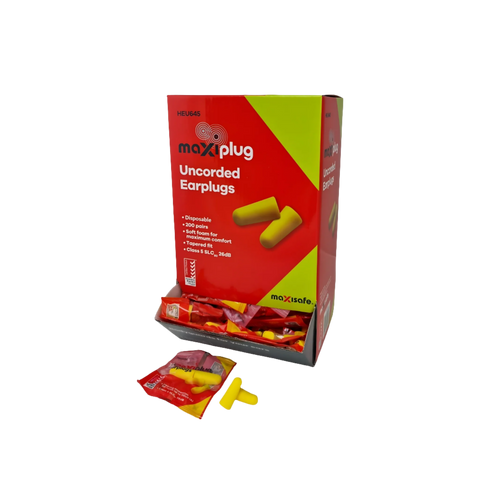 MaxiPlug Class 5 uncorded earplugs dispenser, yellow foam plugs in bags, 26dB SLC80 hearing protection for construction no...