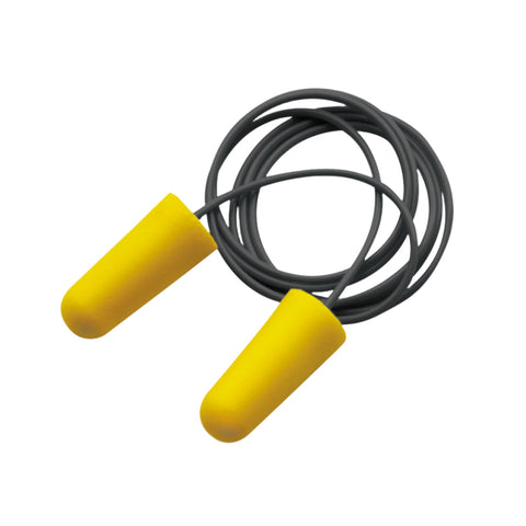 Yellow corded MaxiPlug Class 5 earplugs: tapered foam, 26dB SLC80 for construction noise protection.