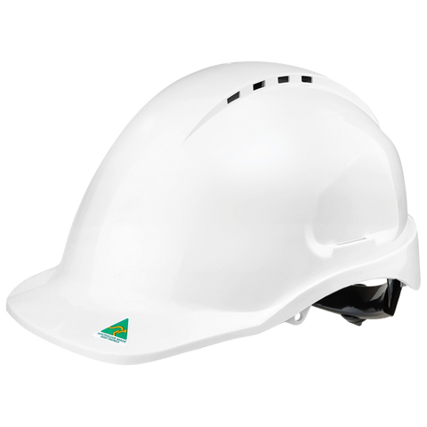 White Maxisafe vented hardhat with ratchet harness, 10 vents for airflow, AS/NZS 1801 certified head protection for trades.