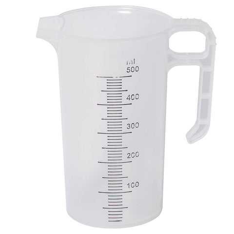 Sturdy transparent 500ml measuring jug with clear ml markings for precise prep of sealants, additives on site.