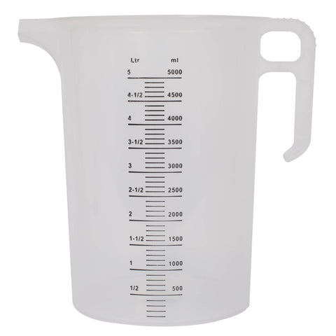 Transparent 5L plastic measuring jug with clear L/ml graduations & glove-grip handle for precise mixing of sealants & addi...