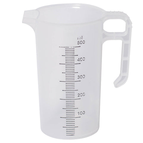 Sturdy transparent 500ml measuring jug with clear ml markings for precise prep of sealants, additives on site.