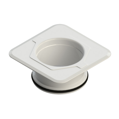 White Megaflex™ Puddle Flange, square PVC with central outlet, seals pipes watertight through slabs & waterproofing membra...