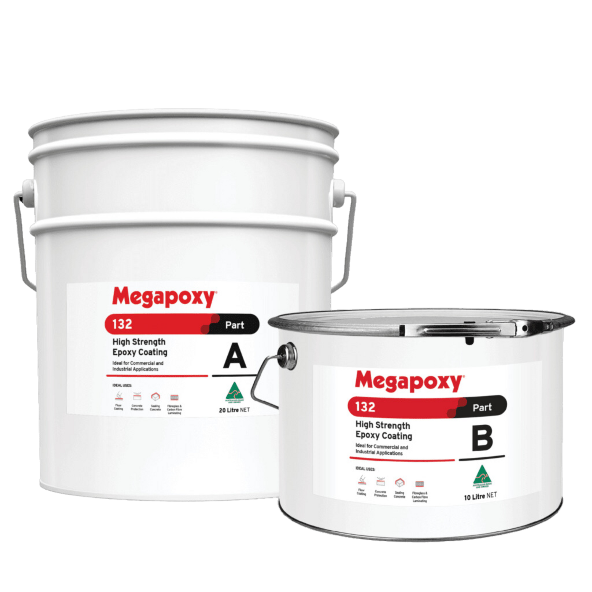 Megapoxy 132 high-strength epoxy coating kit (Part A 20L, Part B 15L) for trafficable, AS 4020 potable water safe floors.