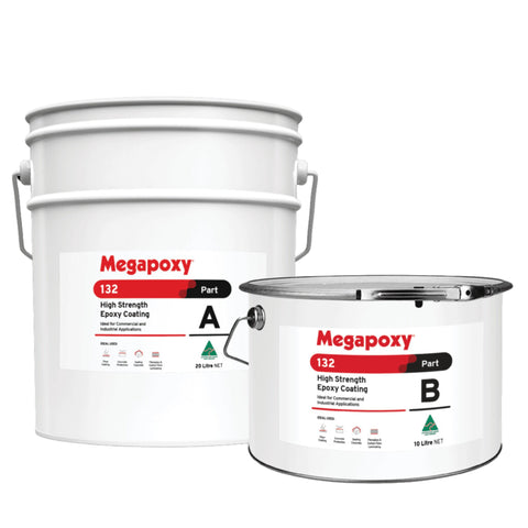 Megapoxy 132 high-strength epoxy coating kit (Part A 20L, Part B 15L) for trafficable, AS 4020 potable water safe floors.
