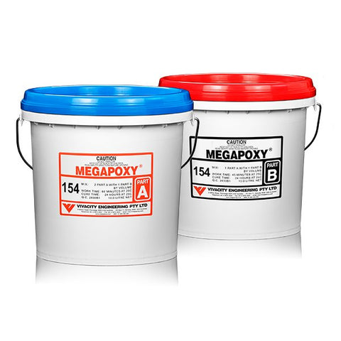 Megapoxy 154 two-part water-based epoxy in blue Part A & red Part B pails: primes damp concrete, moisture barrier for memb...