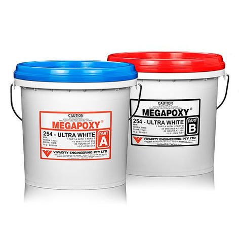 Megapoxy 254 twin pails: blue Part A, red Part B non-sag epoxy paste for vertical stone bonding & overhead concrete repairs.