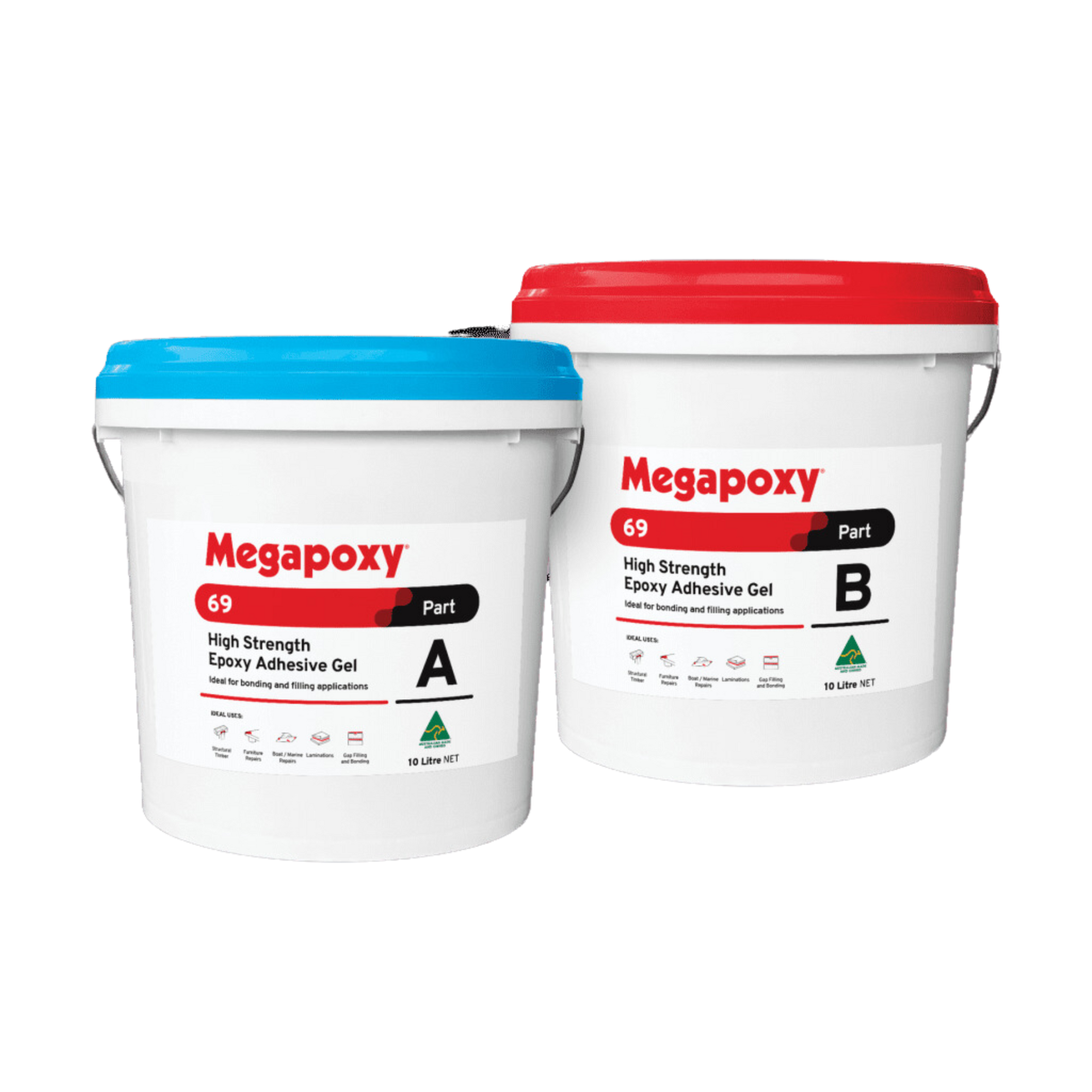 Megapoxy 69 two-part non-sag epoxy adhesive gel: blue Part A & red Part B 1kg pails for structural timber, metal & concret...