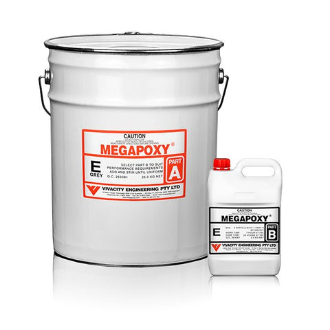 Megapoxy E epoxy kit: grey Part E resin pail + Part B hardener for electrical encapsulation & high-strength castings.