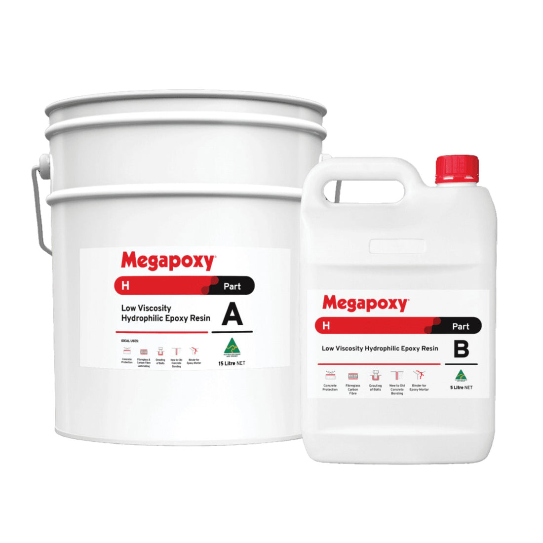 Megapoxy H low-viscosity hydrophilic epoxy resin kit: Part A pail, Part B bottle for crack injection, concrete bonding, po...