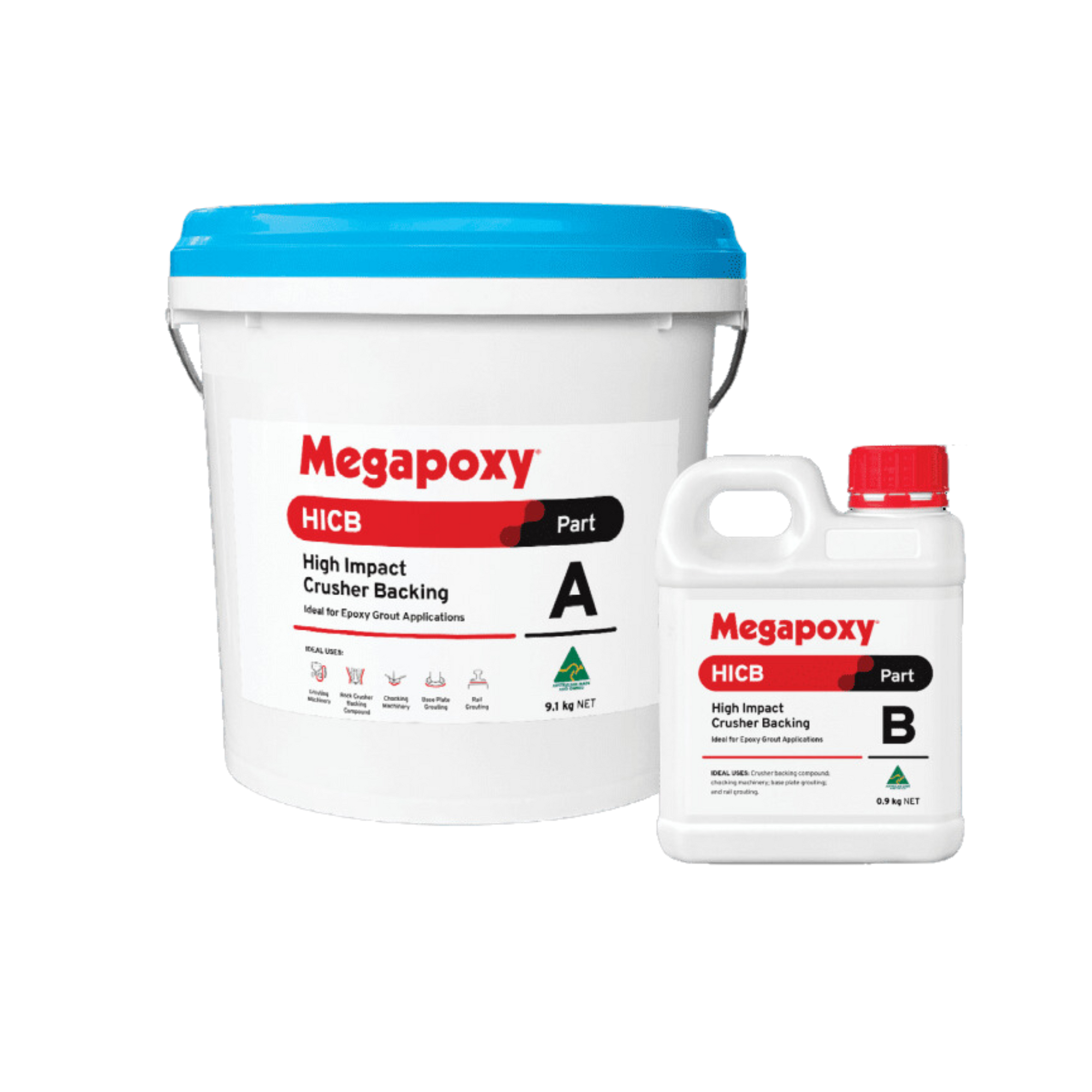 Megapoxy HICB epoxy grout kit: 8kg Part A pail, 2kg Part B bottle for high-impact crusher liner backing, 115MPa strength.