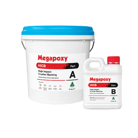 Megapoxy HICB epoxy grout kit: 8kg Part A pail, 2kg Part B bottle for high-impact crusher liner backing, 115MPa strength.