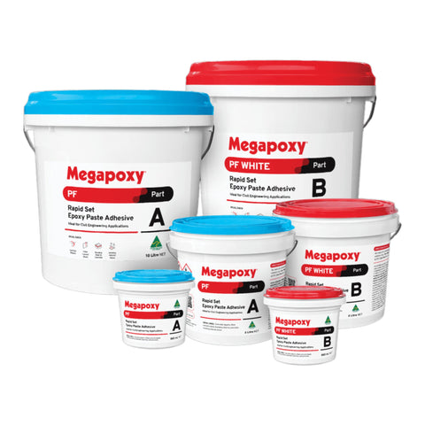 Megapoxy PF White rapid set epoxy paste adhesive kits (Parts A&B) for non-staining stone bonding & overhead concrete repair.