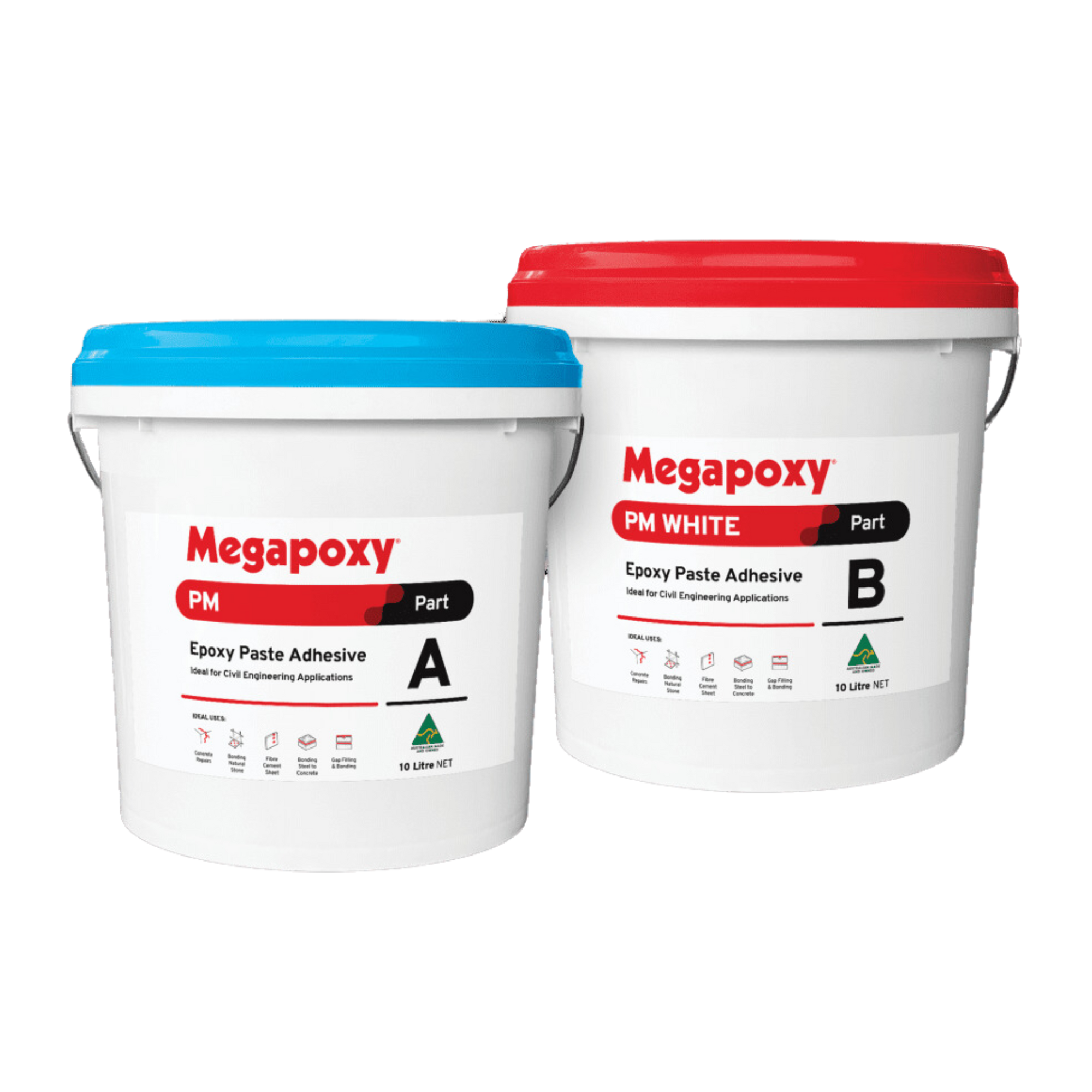 Megapoxy PM epoxy paste adhesive 10L kits (Part A blue, PM White Part B): non-staining marble bonding, overhead concrete r...