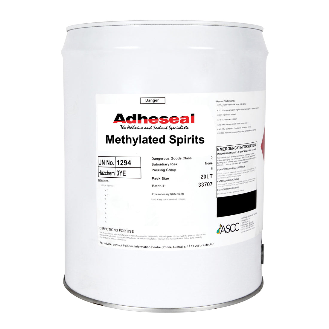 Adheseal Methylated Spirits 95% 20L drum: fast-evap solvent degreases surfaces, thins adhesives, preps substrates for seal...