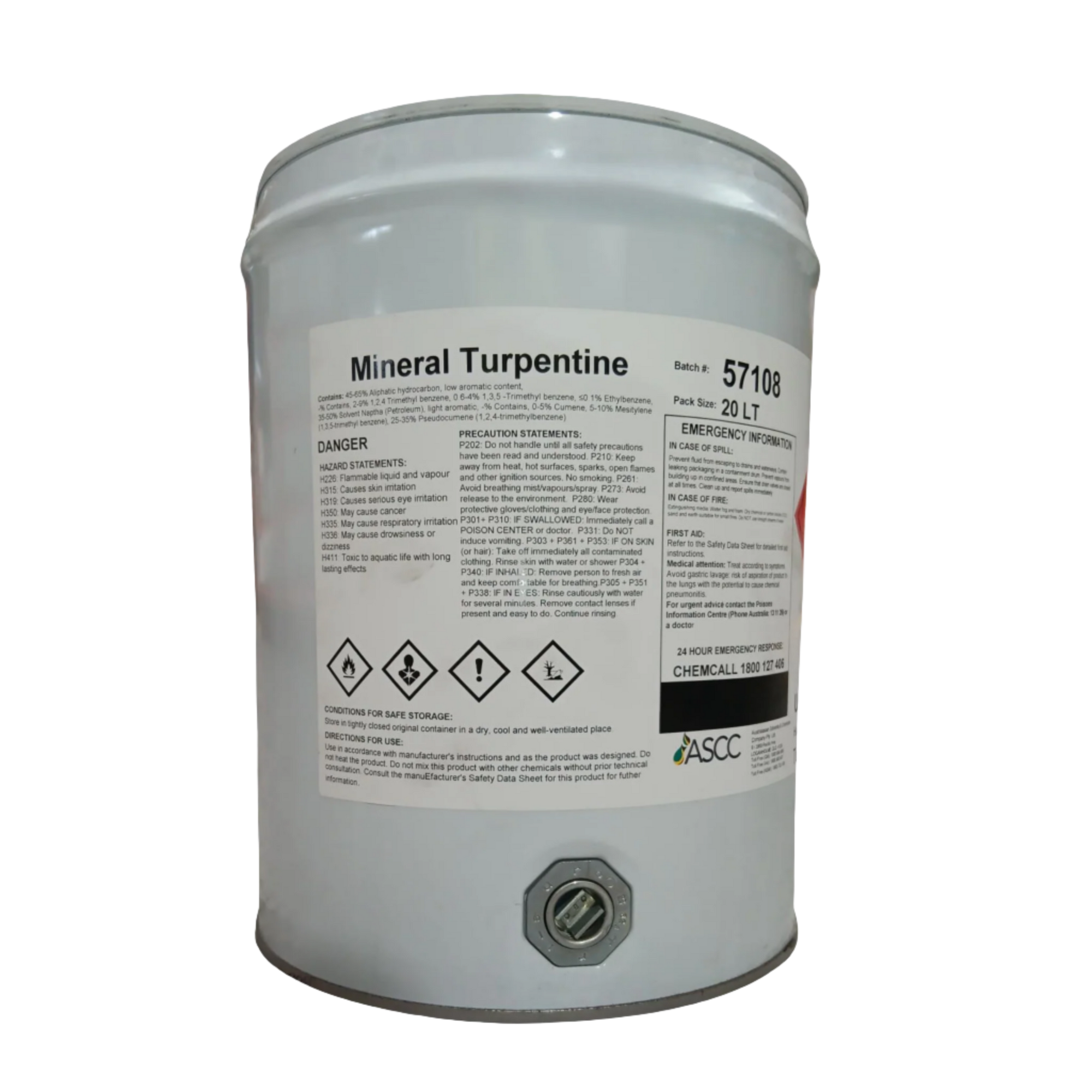 20L Adheseal Mineral Turpentine drum, solvent degreases tools, machinery in construction trades