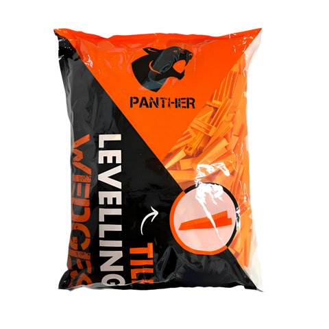 Pack of 250 orange Panther levelling wedges in branded bag, reduces lippage for level tile installs with clips.