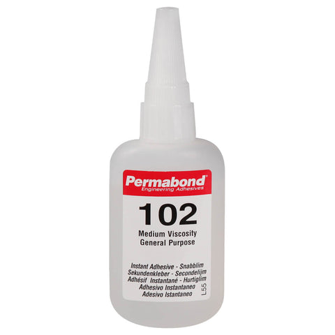 Permabond 102 low viscosity cyanoacrylate adhesive bottle for instant bonding plastics, rubber, metals in tight gaps.