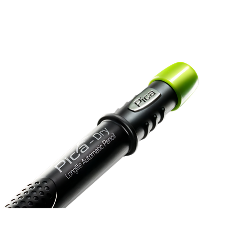 Pica-Dry Longlife Automatic Pen: black barrel, green cap, Power Lock marks wet/dusty surfaces precisely for trades.