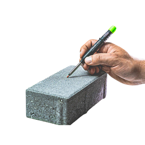 Pica-Dry Longlife Automatic Pen in hand marking rough brick; Power Lock grips graphite lead for precision on wet/dusty sur...