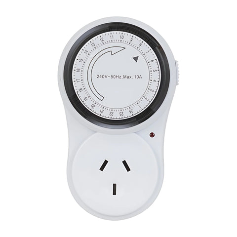 Powertech 24hr mechanical timer, white dial 240V/10A AUS plug, automates Adheseal cordless caulking gun for precise sealan...