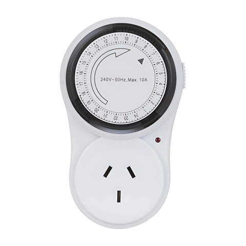 Powertech 24hr mechanical timer, white dial 240V/10A AUS plug, automates Adheseal cordless caulking gun for precise sealan...