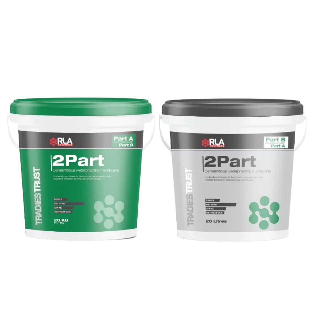 RLA 2 Part cementitious waterproofing membrane: 20kg Part A powder pail & 20L Part B liquid pail for AS 4858 wet area barr...