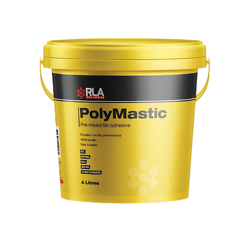 Yellow 4L pail of RLA Polymastic premixed acrylic wall tile adhesive for non-slump internal bonding.
