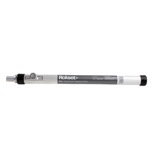 Rokset Pro heavy-duty aluminium telescopic extension pole extends 2x for high-reach painting, cleaning, gutter work.