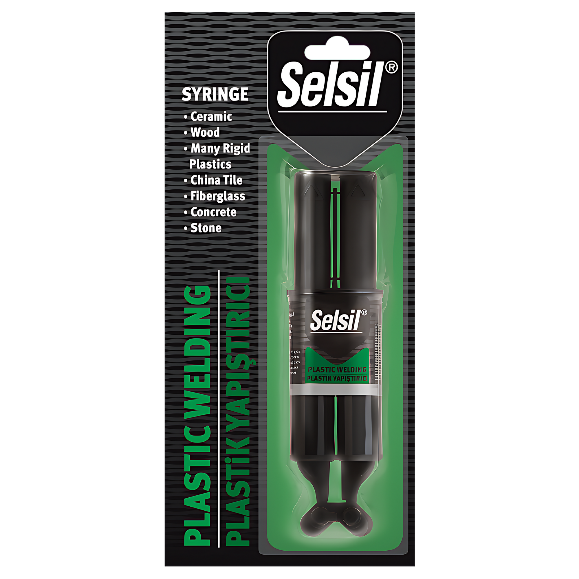 Selsil Plastic Welding MMA 28g syringe: two-part adhesive for fast, primerless bonding of plastics, fibreglass, metals.