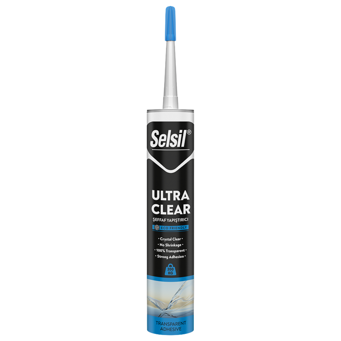 Selsil Ultra Clear hybrid MS polymer sealant cartridge: crystal-clear, bubble-free joint sealing for glass & metal.